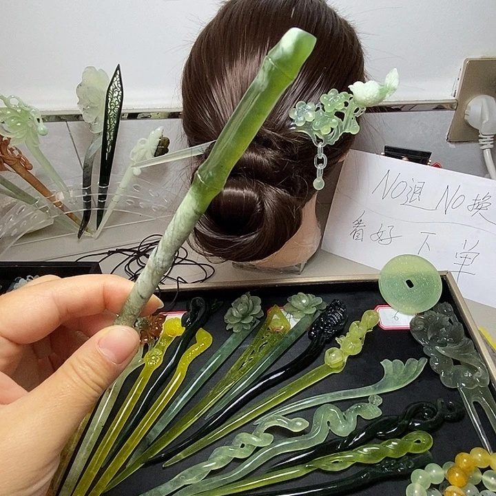 蛇纹石玉合金发饰竹节