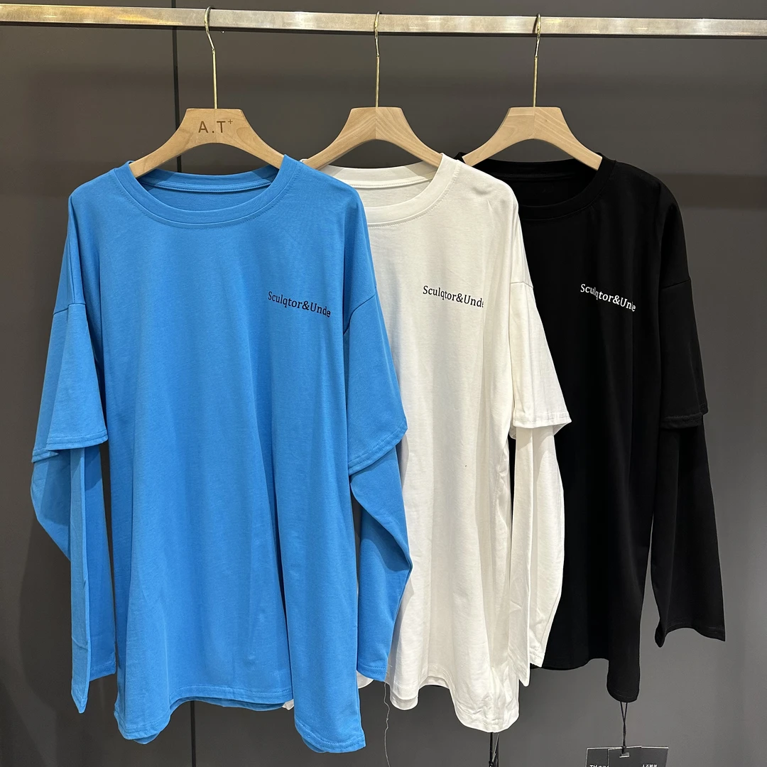 （老三）韩版简约通勤宽松型休闲风抗皱常规款T恤假两件长袖上衣