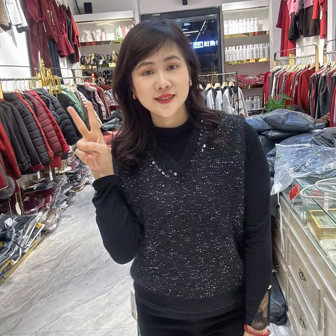 40-单马甲V领亮片毛衣背心57长