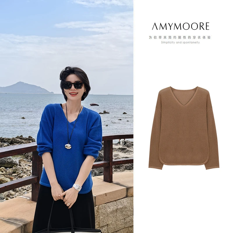 AMYMOORE艾莫尔秋季女装毛衣针织长袖圆领休闲百搭套头纯色780160