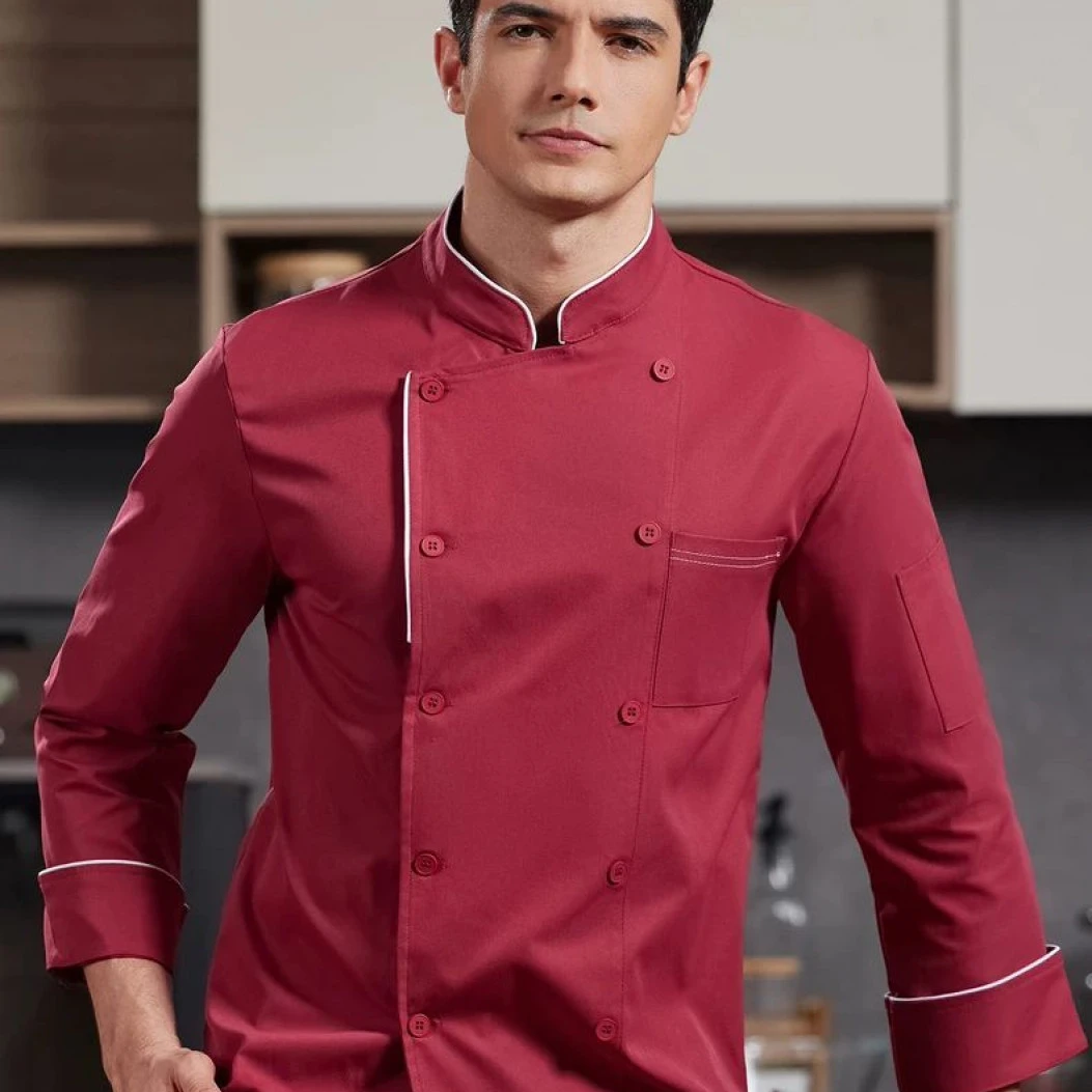 秋季厨师工作服长袖男餐饮饭店后厨房烘焙学校食堂红色双排扣工衣