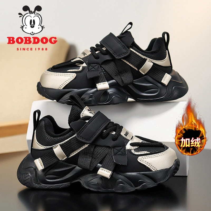 Bobdog/巴布豆女童鞋子春秋皮面防水老爹鞋冬季加绒保暖运动鞋