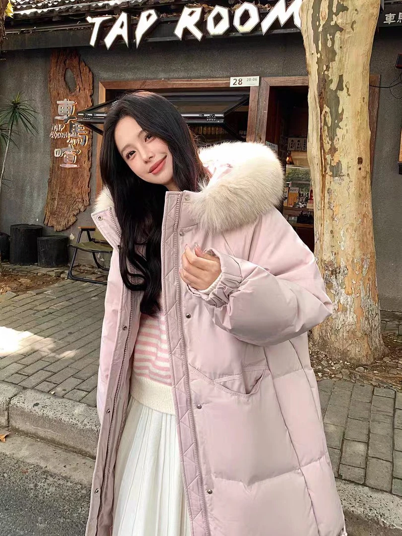 羽绒服中长款连帽女白鸭绒休闲拉链冬季狐狸毛领加厚学生宽松外套