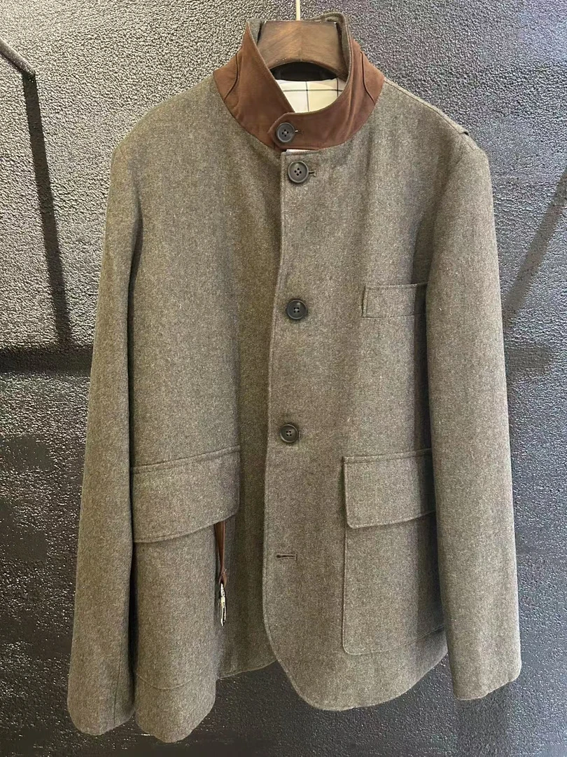 英国进口细支羊毛 髙端立领粗纺毛呢西装外套