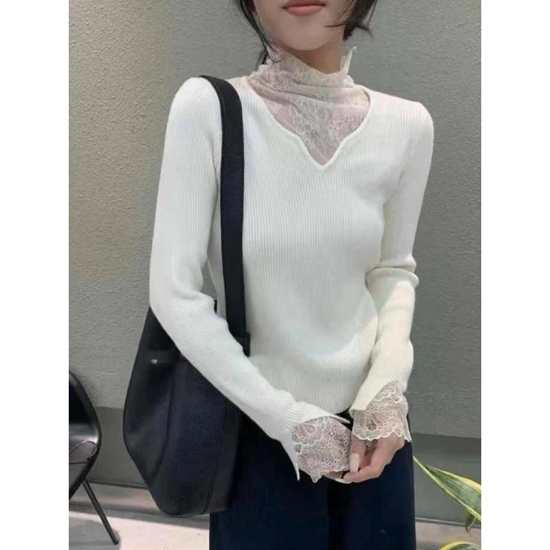 半高领毛衣 软蕾丝拼接针织衫 时尚百搭高级感 修身气质显瘦