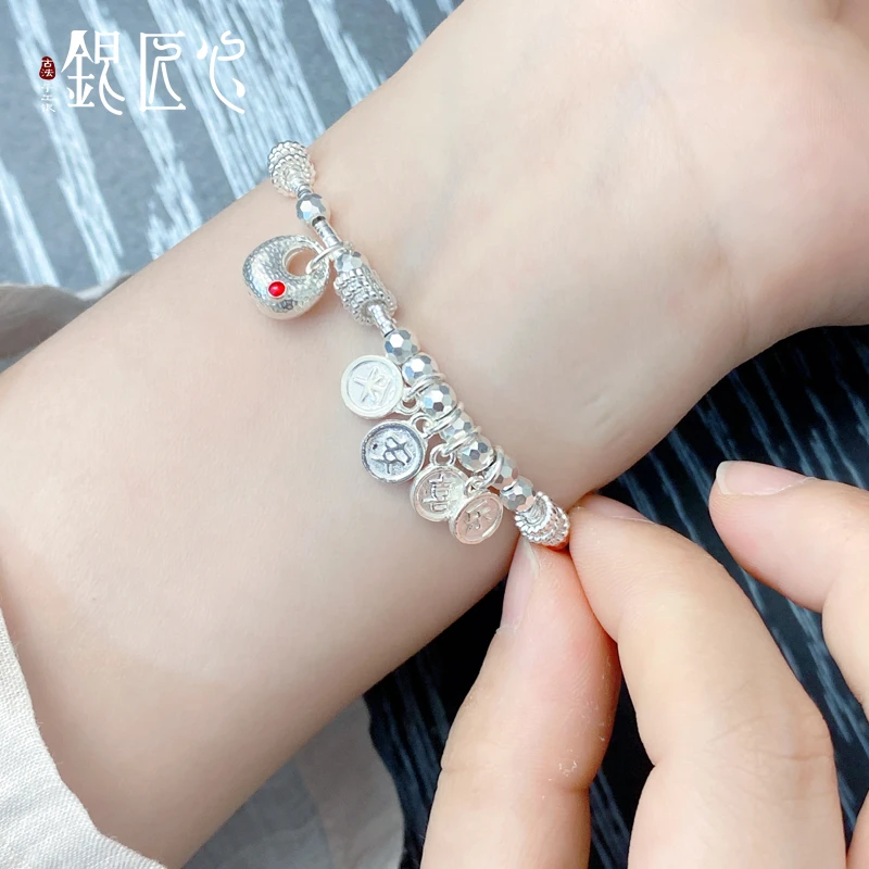 足银手链 银匠心 足银999纯银平安喜乐百福小胖福盘缠足银手链