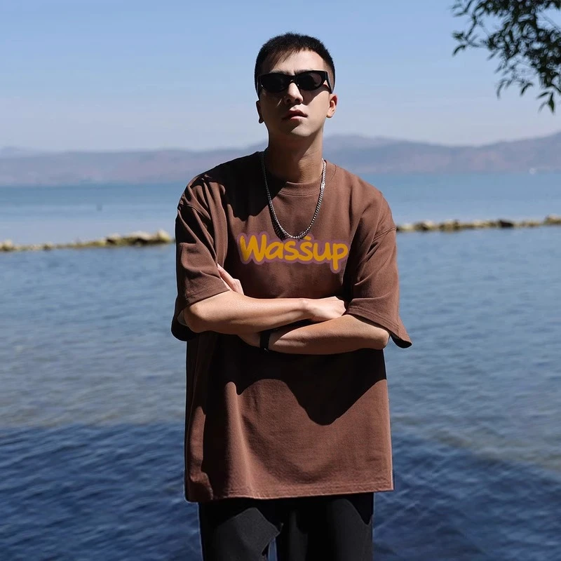 WASSUP潮牌咖啡色复古字母t恤短袖男款夏季新款纯棉重磅半袖上衣