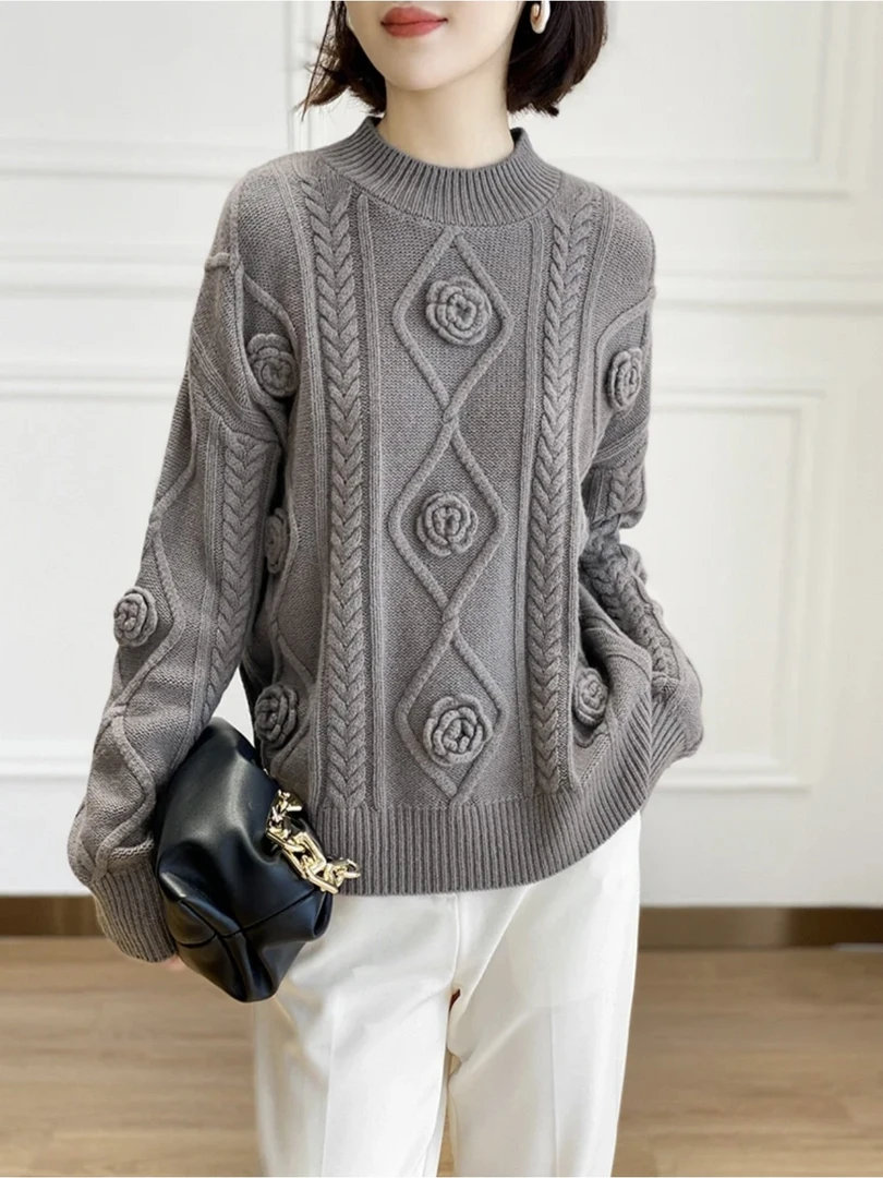 手工钩花针织毛衣加厚慵懒上衣秋冬款宽松毛衣9757