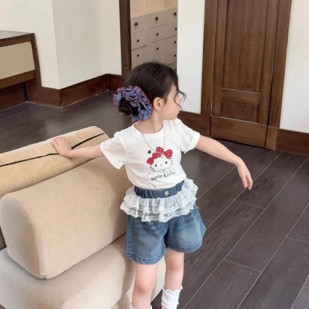 小思家女童套装2025夏季可爱卡通短袖上衣蕾丝花边屁帘牛仔短裤