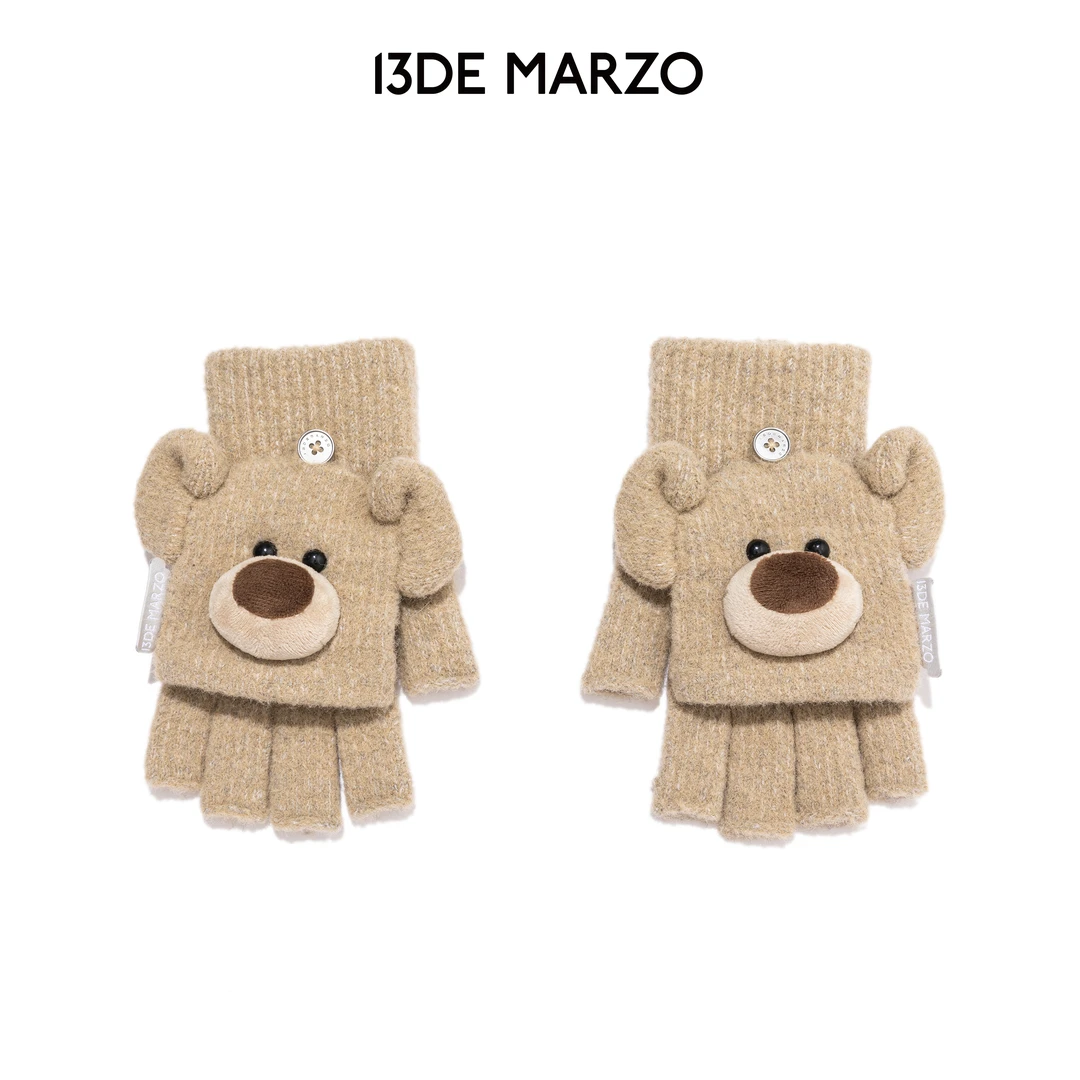 13DE MARZO女士 2025秋冬新款小熊针织翻盖露指防寒保暖分指手套