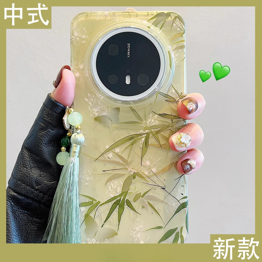 新中式绿竹子蝴蝶适用华为mate70pro+手机壳pura70流苏挂件mate60