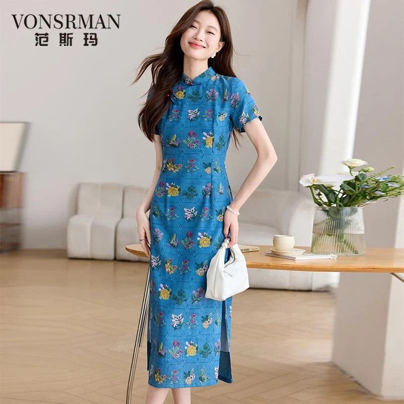 蓝色旗袍日常2025新款夏季气质修身显瘦遮肚新中式碎花连衣裙夏季