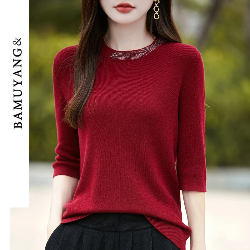 【重工烫钻】烫钻圆领七分袖羊毛衫早秋新款内搭洋气中袖打底针织衫