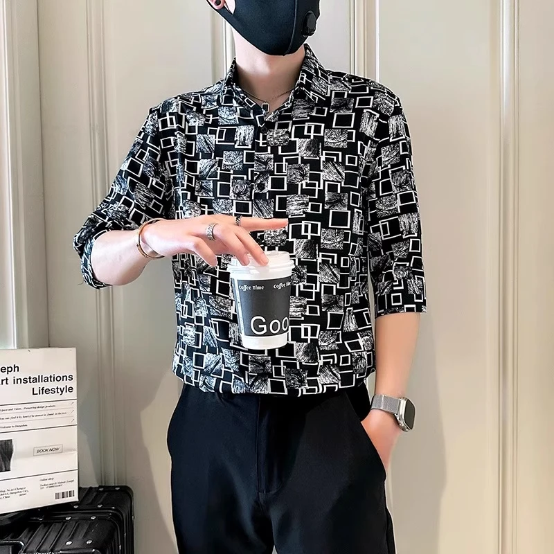 优桓潮牌男士高级感短袖衬衫夏季冰丝垂感修身寸衫休闲字母衬衣潮