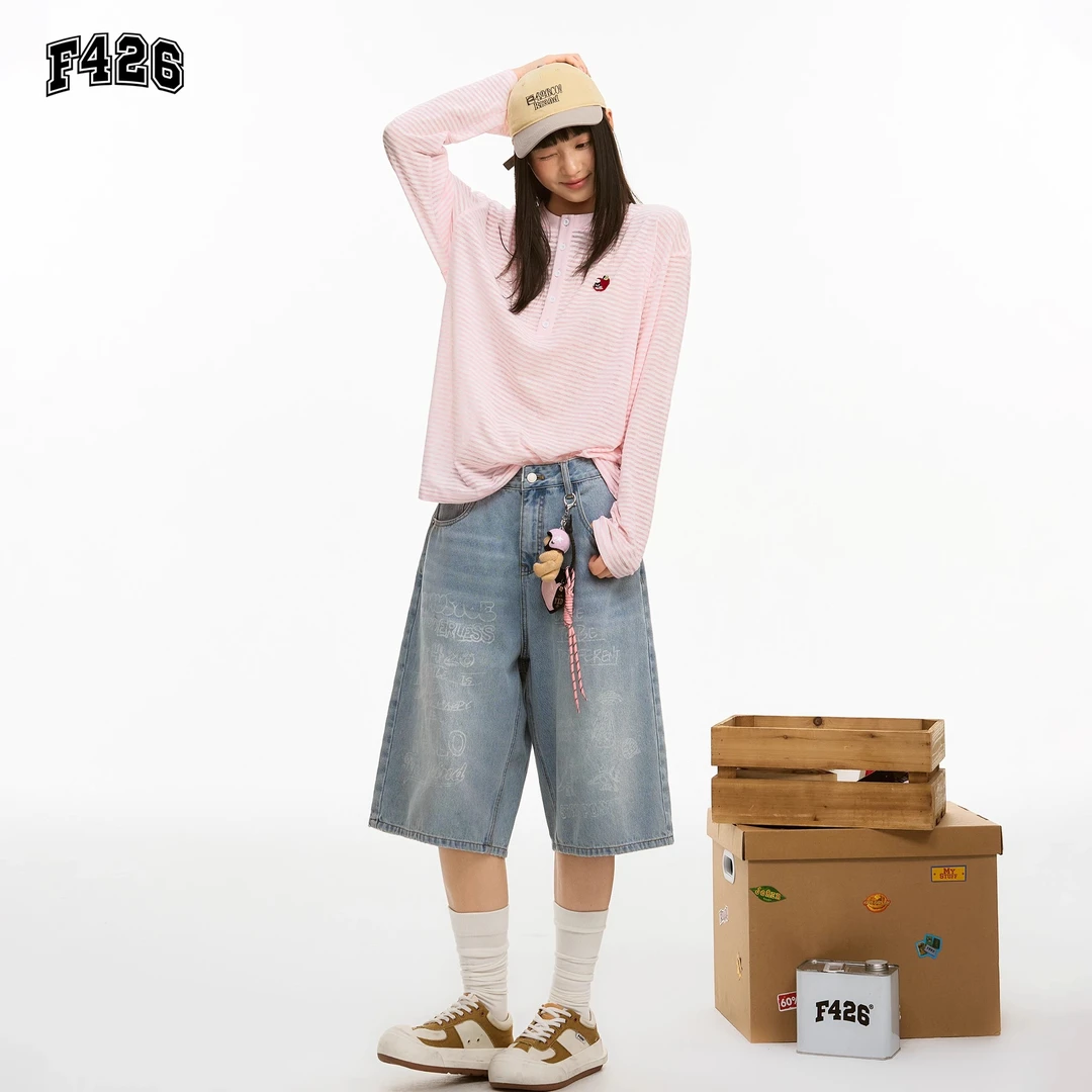 F426潮牌夏季薄款时尚圆领罩衫苹果刺绣条纹t恤上衣夏日穿搭0145