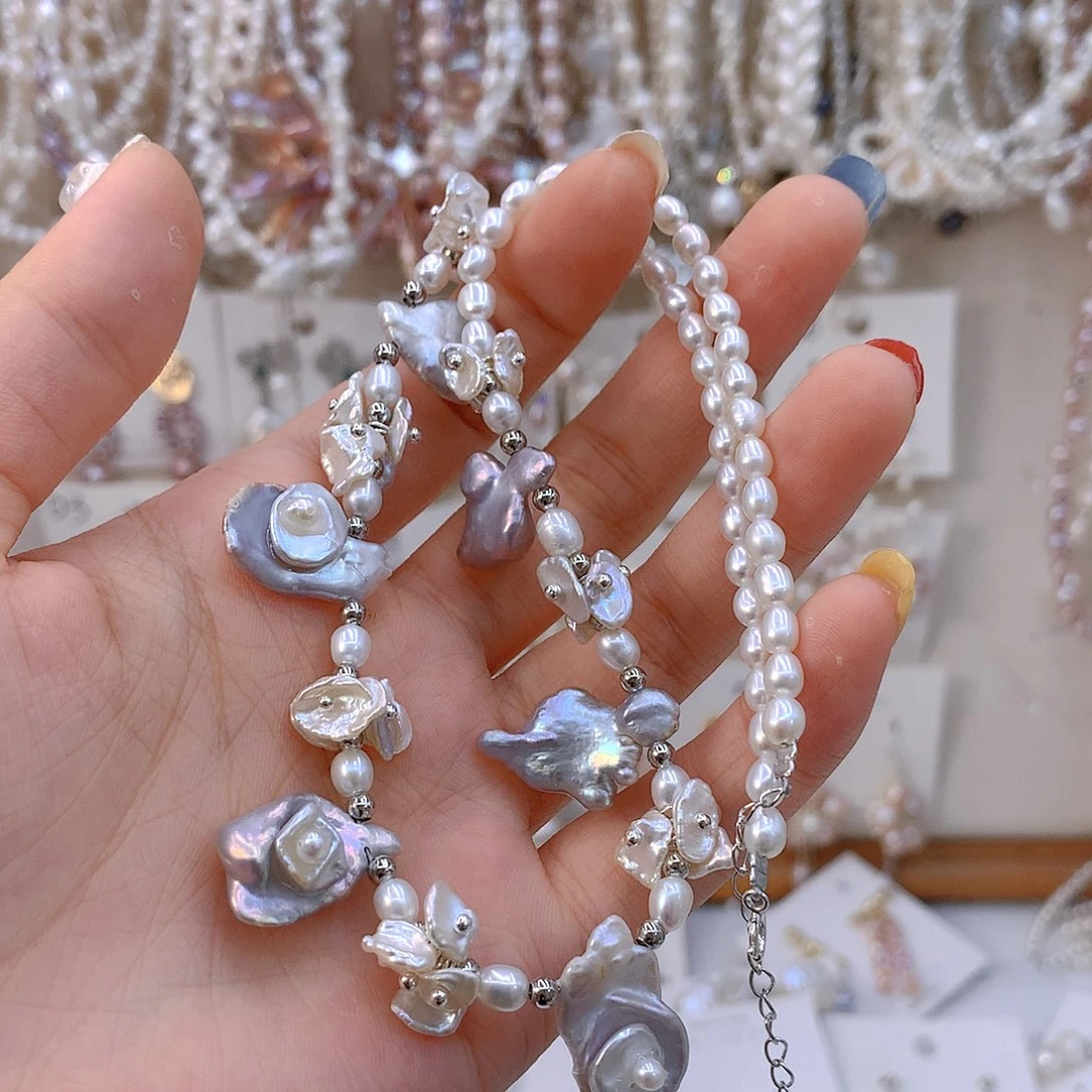 银S925镶嵌淡水珍珠发饰花*