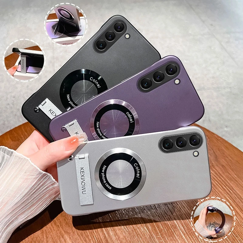 适用于三星S23超薄无边框实用防摔保护套带支架高级感手机壳