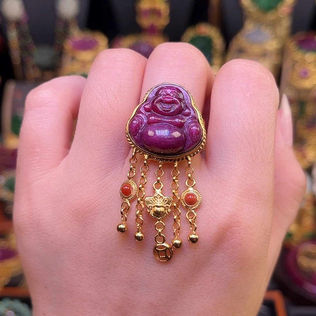 银S925镀金镶嵌戒指红宝石小佛公戒指