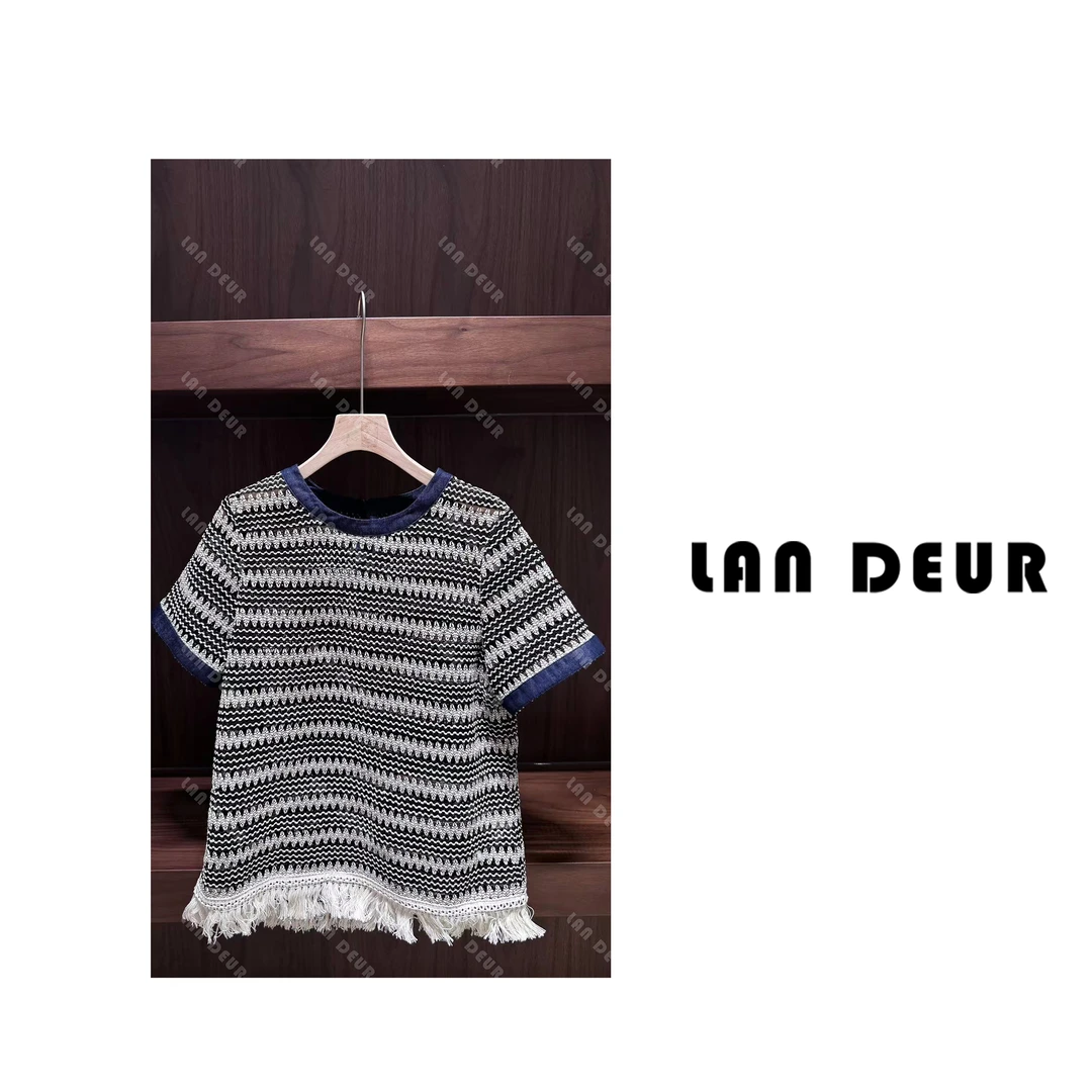 【山有木兮】镂空条纹编织套头罩衫流苏气质休闲短袖T恤女上衣