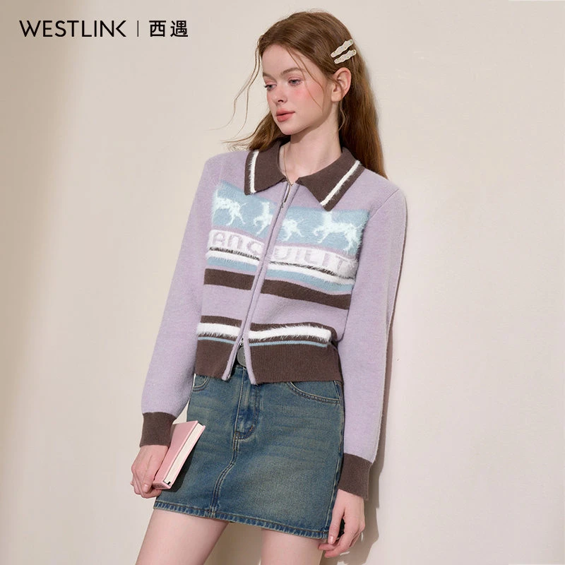 设计感撞色毛边条纹长袖针织衫女2024年秋冬翻领拉链短款外套