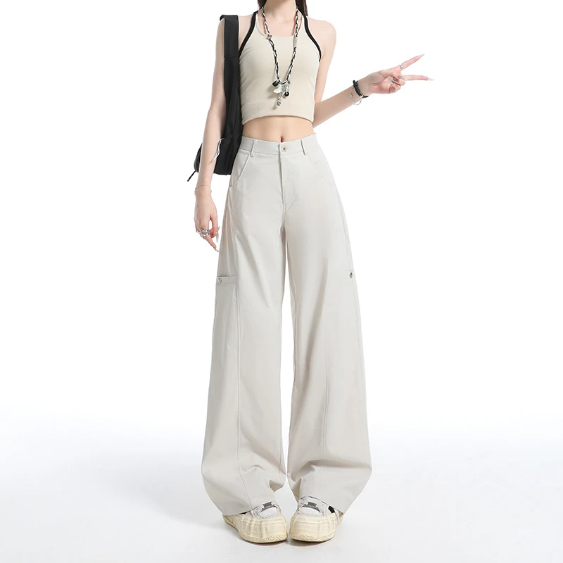美式浅卡其色工装裤女2025年夏季新款宽松显瘦运动速干休闲阔腿裤