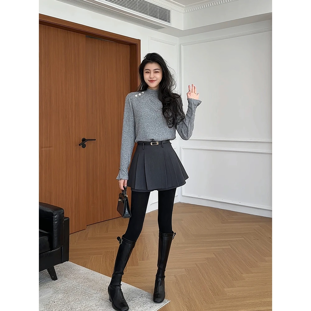 张阿星【清雅气场】冬季高级灰半高领打底衫+高腰百搭A字百褶裙裤