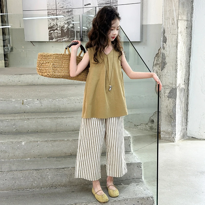 女童背心套装夏装2025新款中大儿童夏季洋气无袖七分阔腿裤两件套