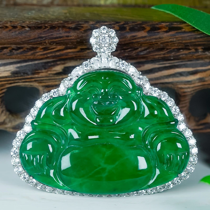 天然翡翠A货银镶嵌大气冰透高冰翡翠大肚佛公单吊坠