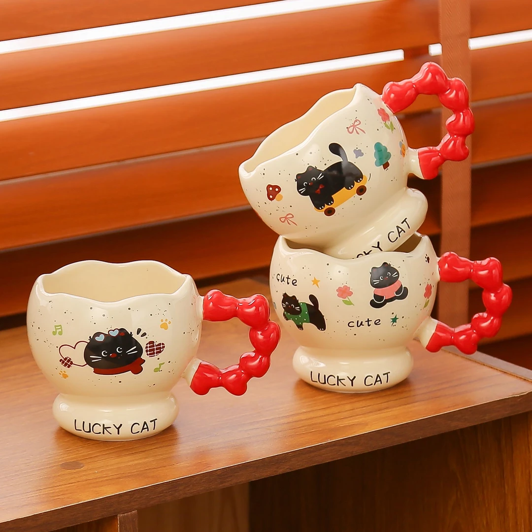可爱黑猫陶瓷马克杯情侣学生喝水杯创意高脚杯送闺蜜生日礼物杯子
