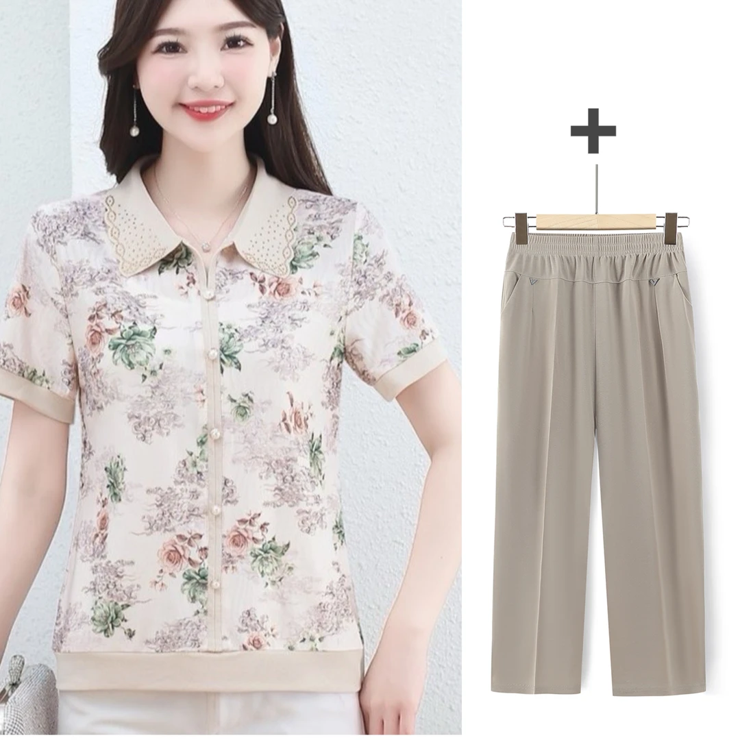 气质妈妈夏季新款洋气翻领小衫中老年女装冰丝短袖T恤时尚两件套