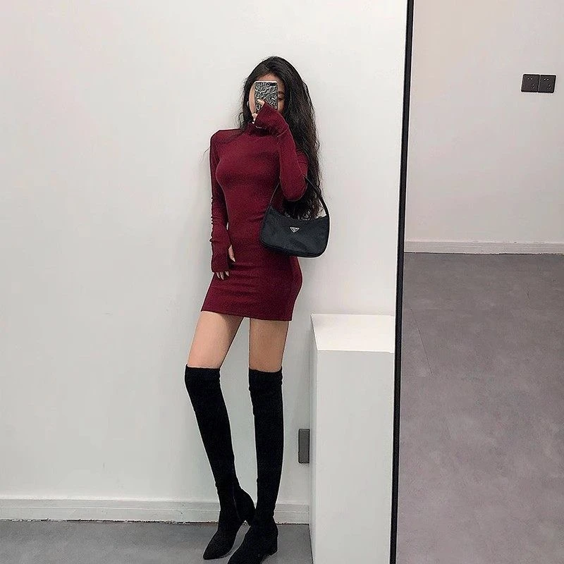 纯欲气质欧美辣妹高领秋冬修身新款紧身显瘦长袖打底连衣裙短裙