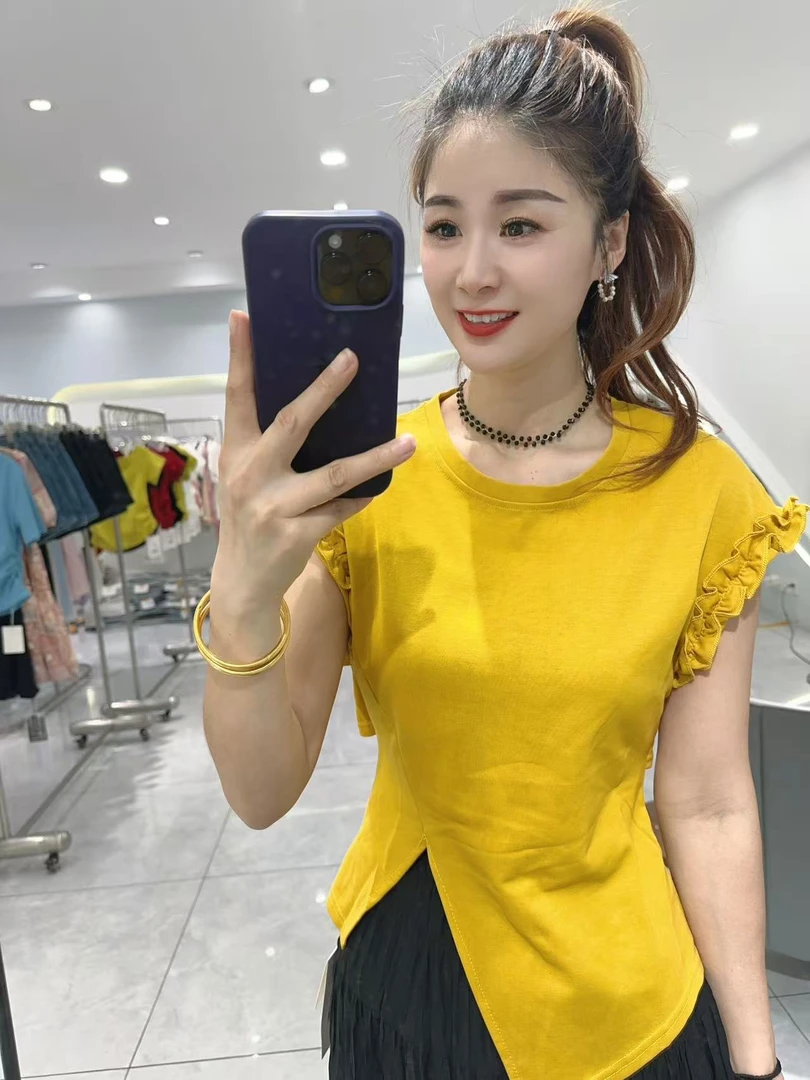 花边开叉后面露腰设计感洋气短袖T恤