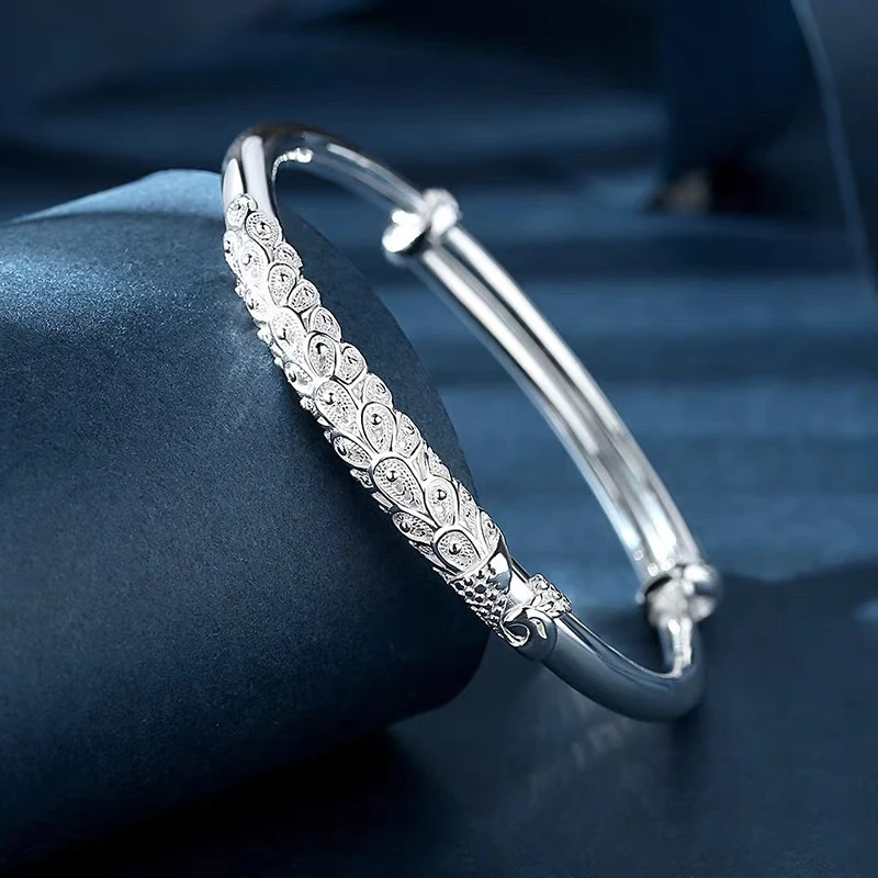 足银手镯 足银实心简约可调节孔雀手镯送妈妈首饰