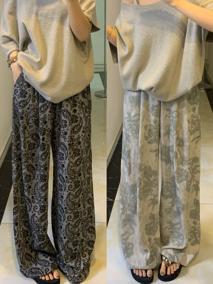 法式复古显瘦印花雪纺直筒裤女夏季气质长裤