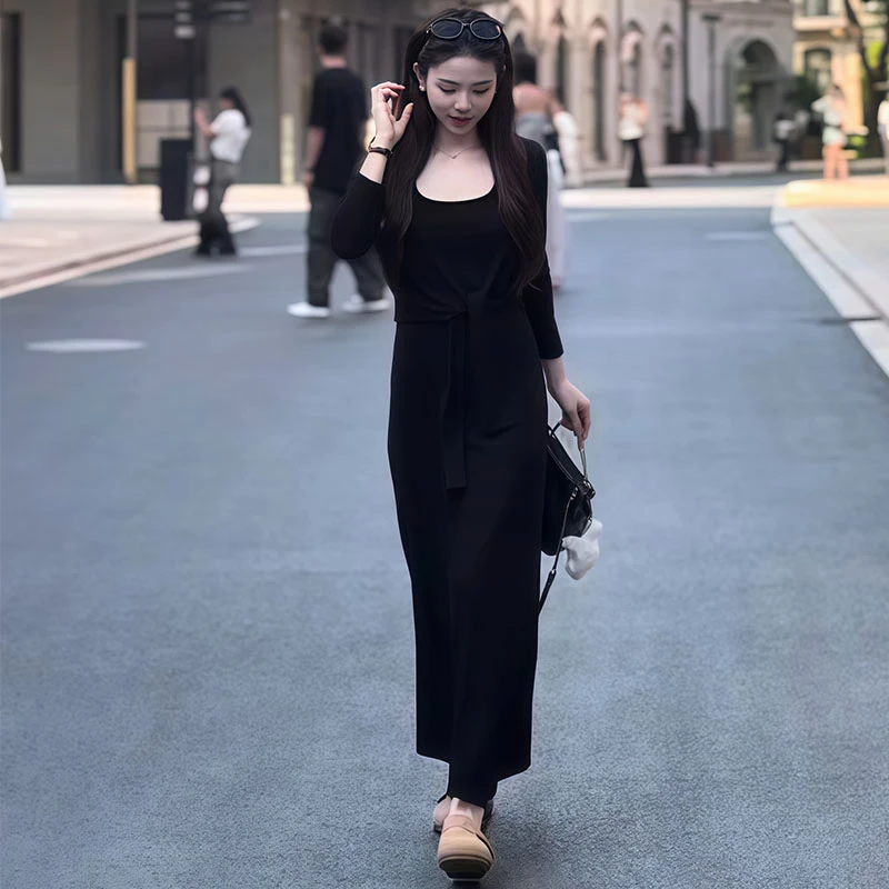 2025大码女微胖mm气质设计感拼接假两件系带遮肚显瘦包臀连衣长裙