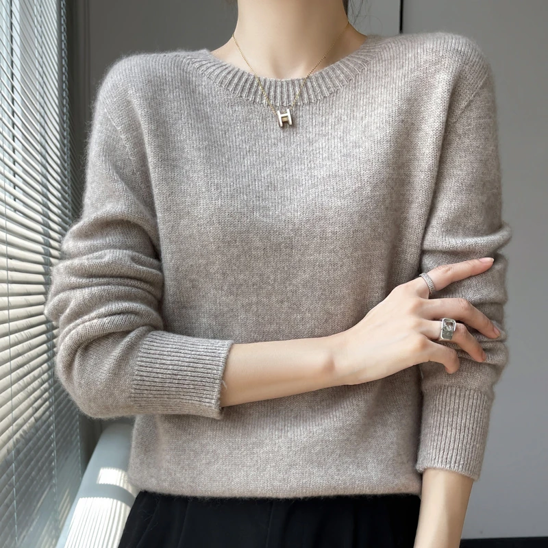 【专柜正品】100%纯羊绒衫无缝女款圆领套头宽松舒适百搭打底衫