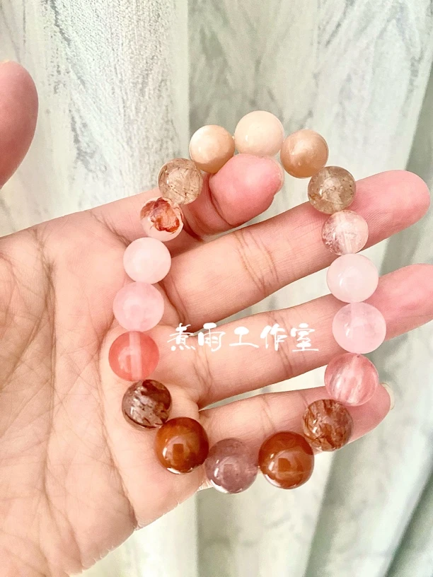 非金属羽毛手链 原创五行手串天然多宝缺火马粉胶花红发小众设计