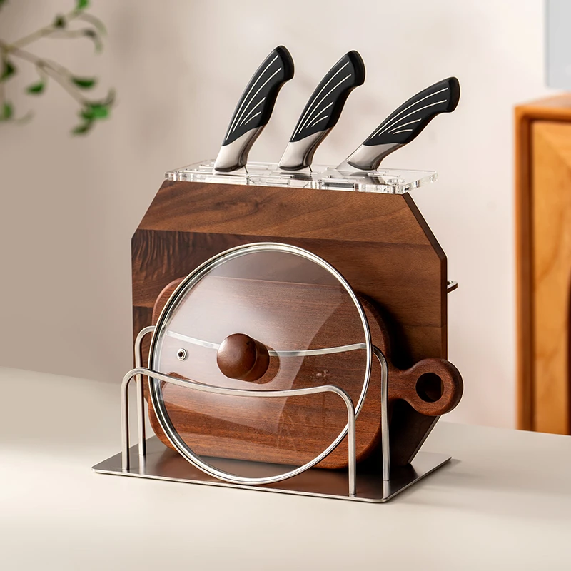 onlycook中式胡桃木多功能置物架厨房台面菜板架刀具一体收纳架子