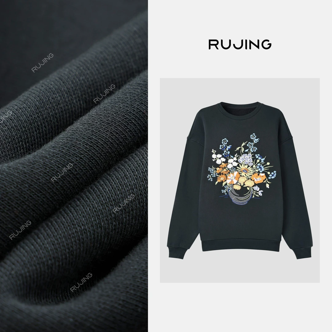RUJING  黑标丨【花间絮语】重工女款刺绣抓绒卫衣-258WYJM005