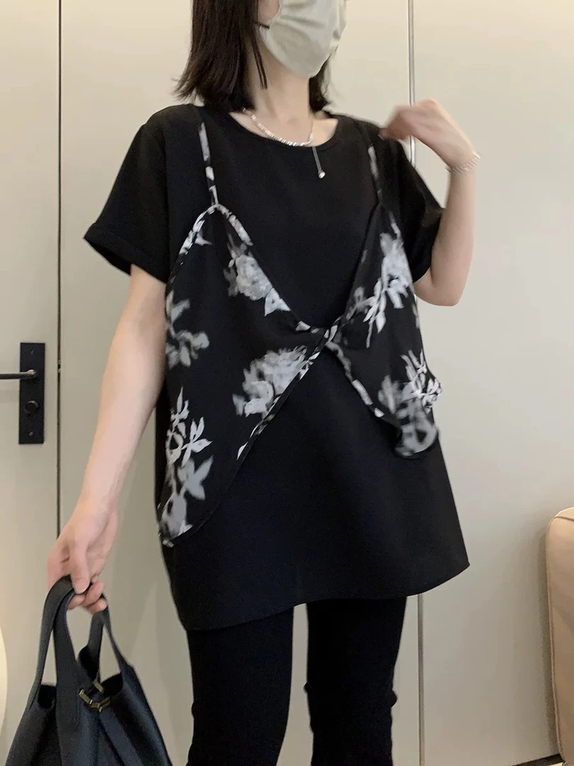 【墨韵雅枝】超好看法式碎花短袖圆领时尚T恤宽松假两件上衣D0271