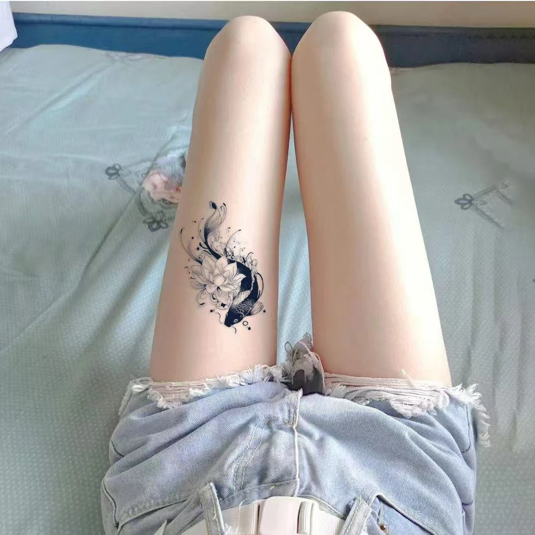 国风莲花锦鲤纹身贴女草本半永久不反光防水手臂持久果汁仿真刺青