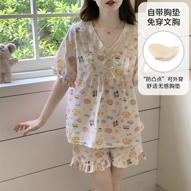 2025新款睡衣女夏季短袖带胸垫甜美可爱黄油饼饼家居服套装可外穿