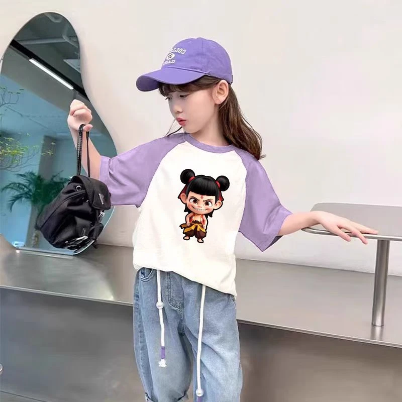 女童中大童纯棉短袖t恤时髦洋气卡通可爱印花拼接撞色儿童上衣服