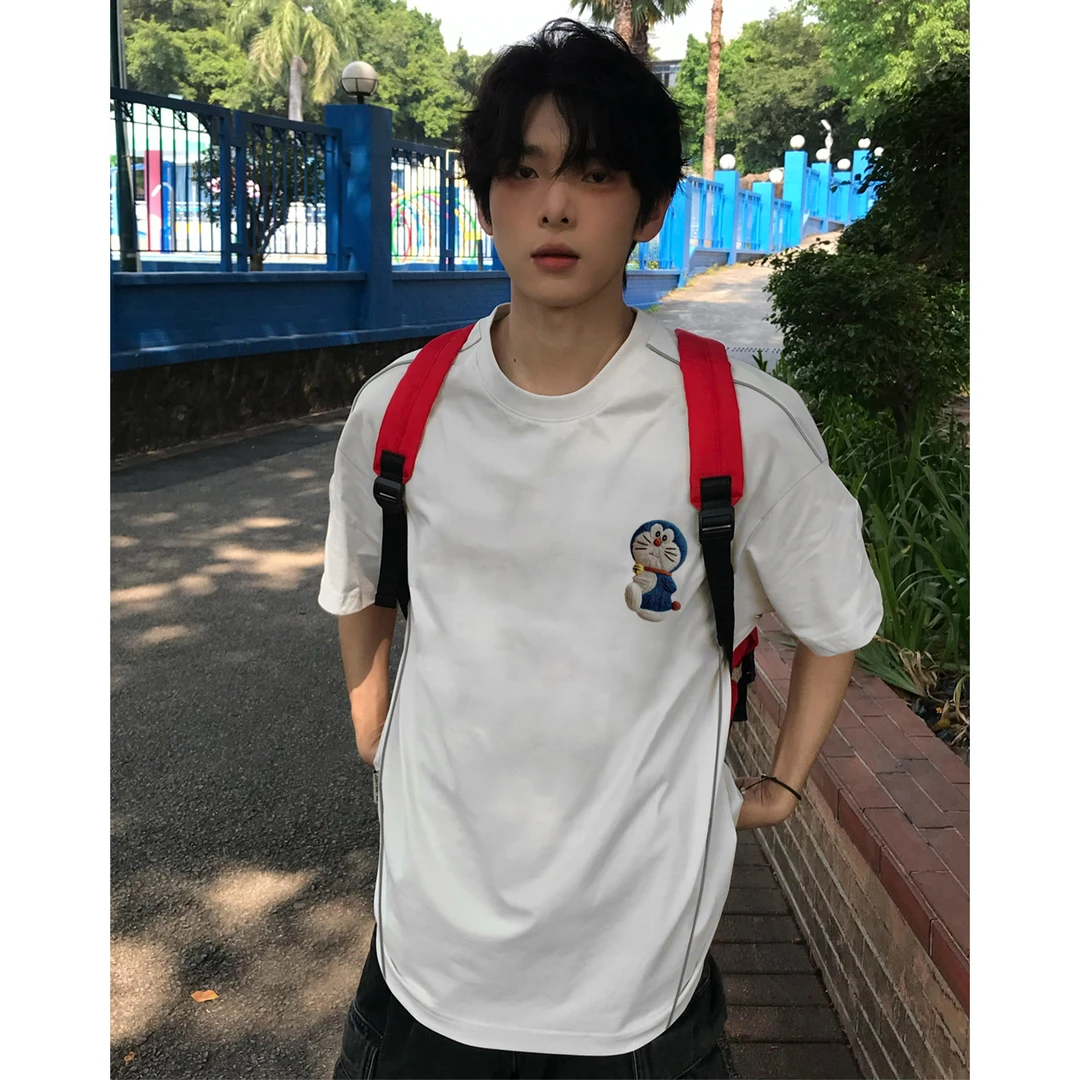 100%纯棉哆啦A梦趣味印花线条短袖t恤男女夏季百搭宽松休闲上衣潮