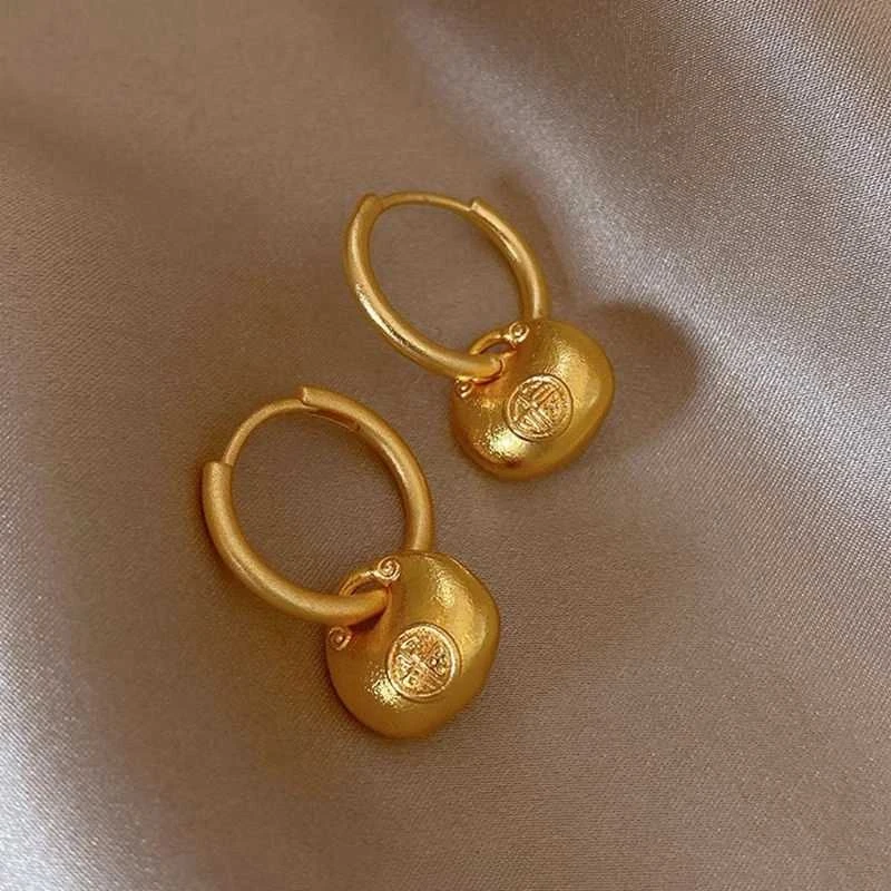 铜合金耳饰 新中式金色福袋耳环女轻奢国风耳圈2024新款爆款气质