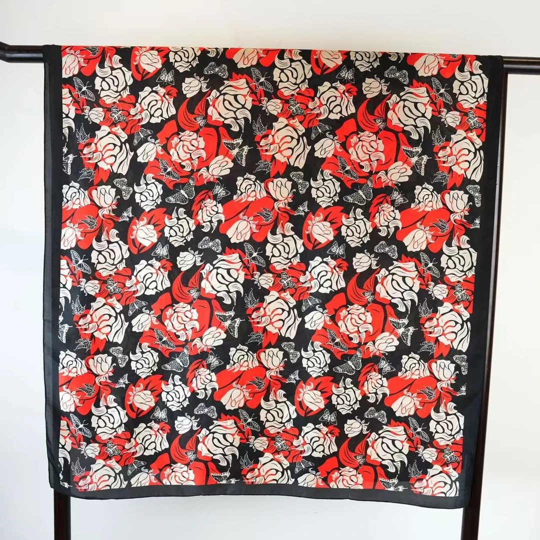 【玫瑰花卉】新中式高级百搭丽锦缎精品丝巾90*180（k310）