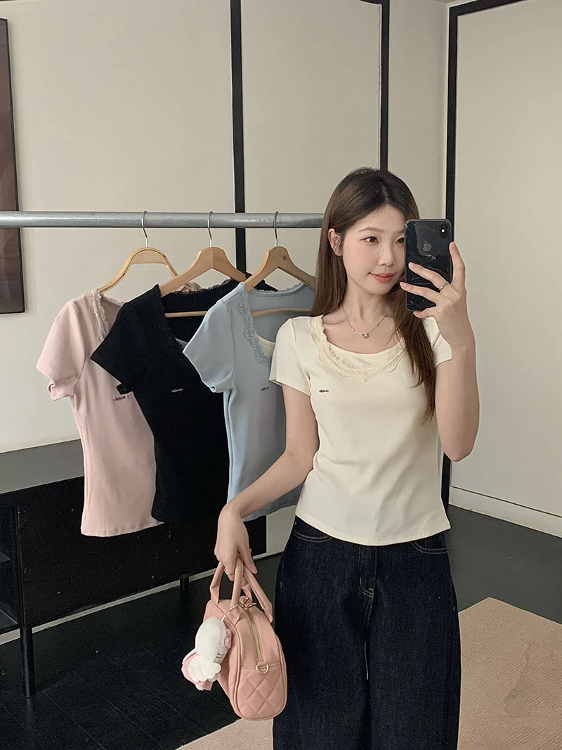 【运补6-10】2025夏装新款大码女韩版蕾丝花边撞色正肩短袖T恤33675