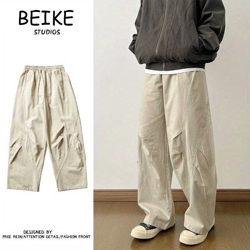 水洗立体褶位工装裤松紧腰宽松阔腿工装裤男女弯刀休闲裤男款夏季