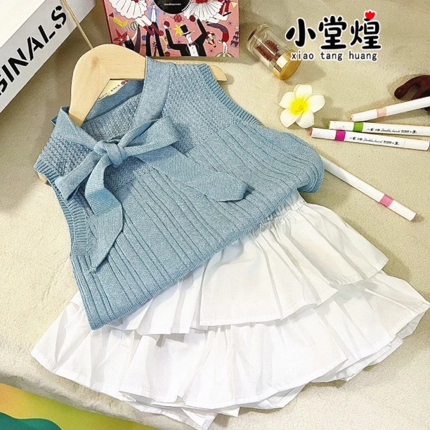 【陈思晨】夏冰丝背心蝴蝶结女童百褶洋套装两件套雪糕裙宝宝蝴蝶结