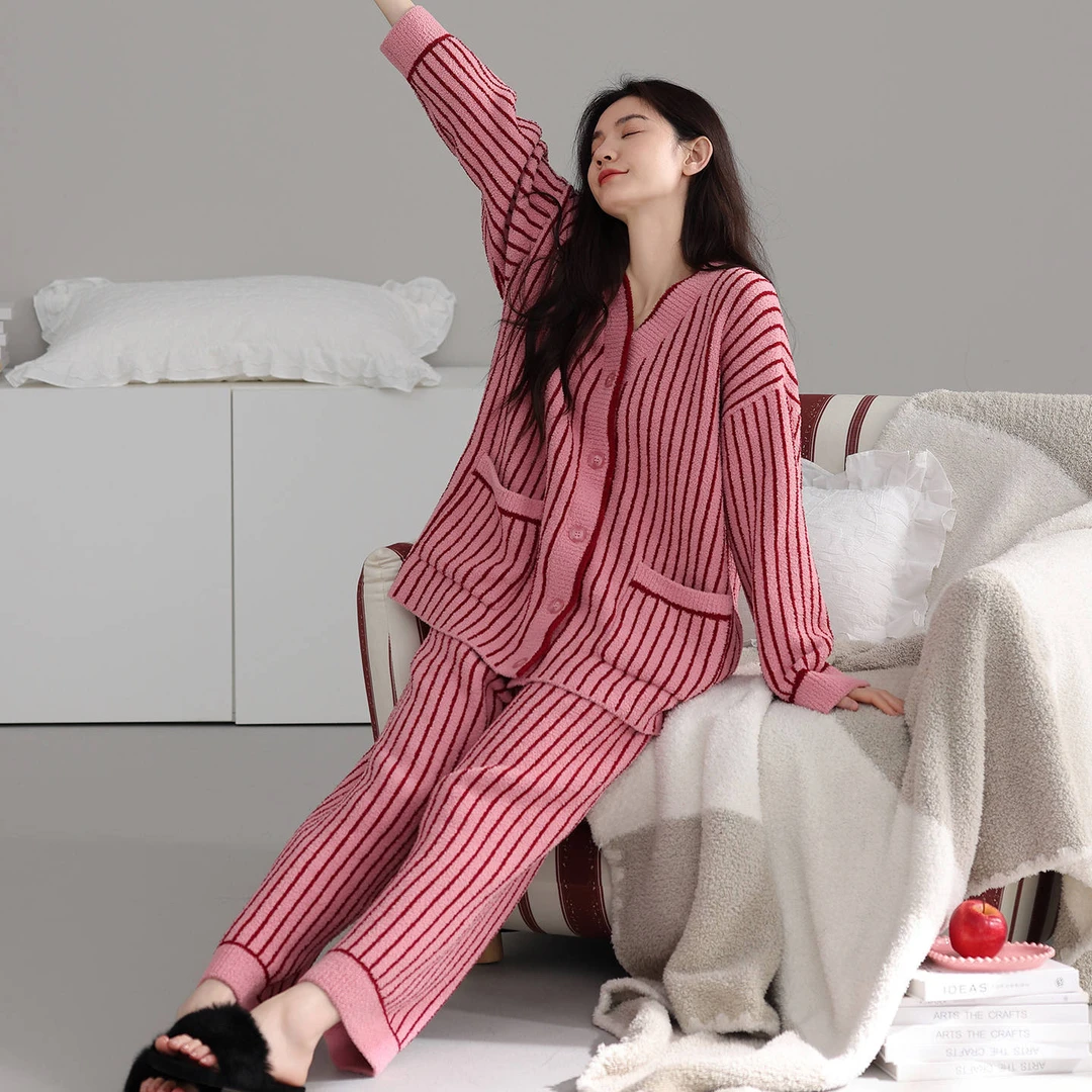 2025新款半边绒睡衣女轻奢时尚加厚保暖家居服女休闲套装冬可外穿